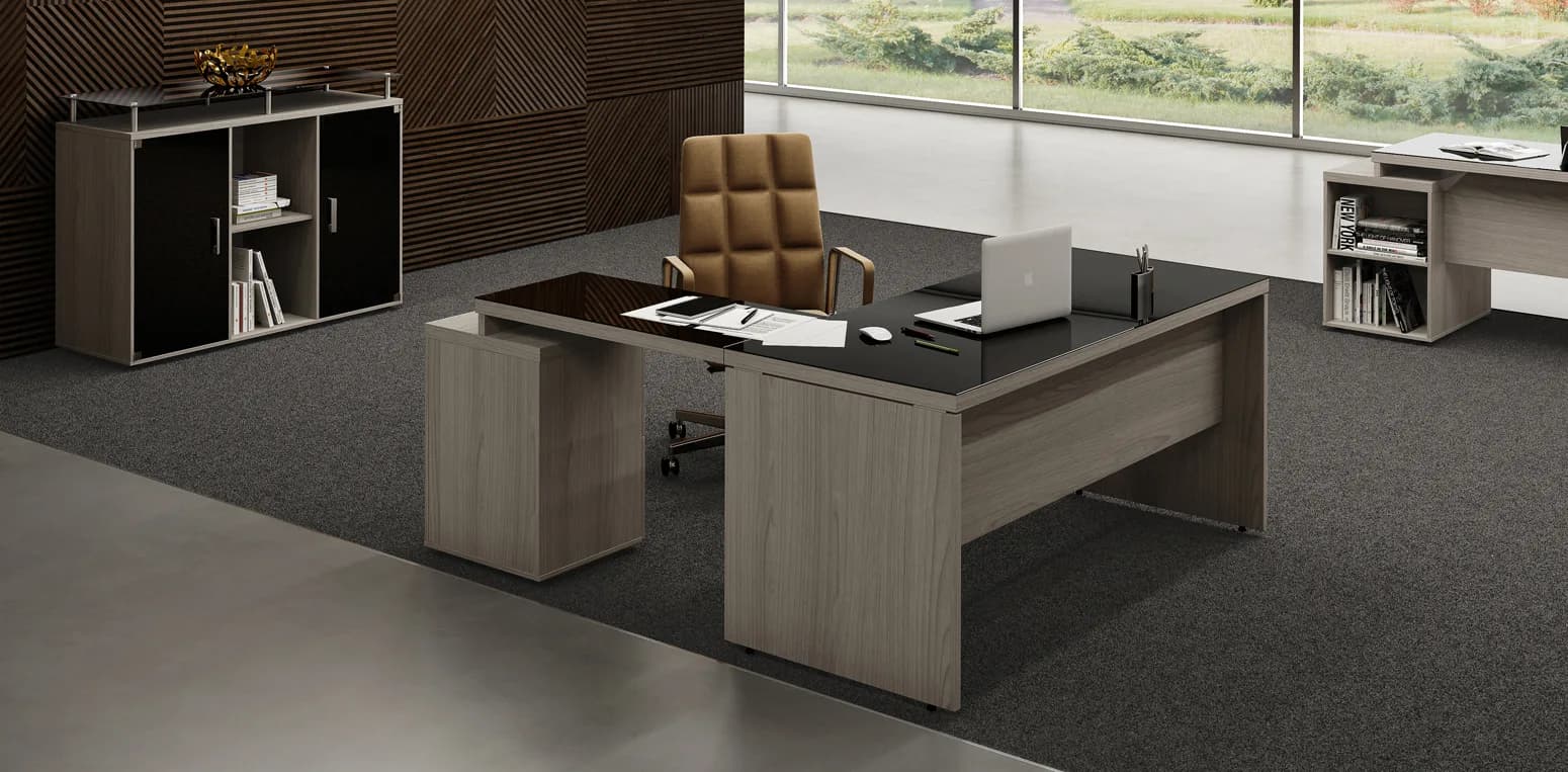 Mesa em L com Tampo em Vidro - Prima Impact